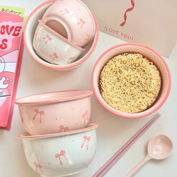 6英寸面碗大碗蝴蝶结少女心高颜值泡面碗ins釉下彩陶瓷碗嗦粉碗