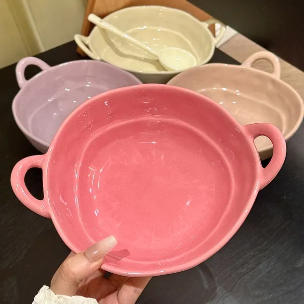 陶瓷手捏不规则双耳碗水果沙拉碗泡面碗家用宿舍学生餐具螺蛳粉