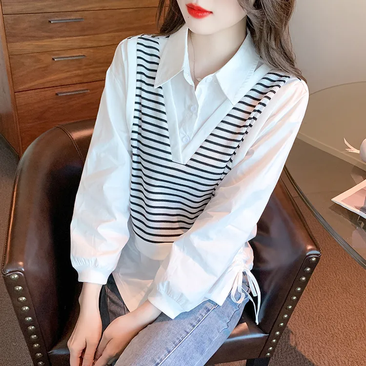 条纹拼接假两件衬衫女装秋季新款设计感小众抽绳收腰显瘦长袖上衣