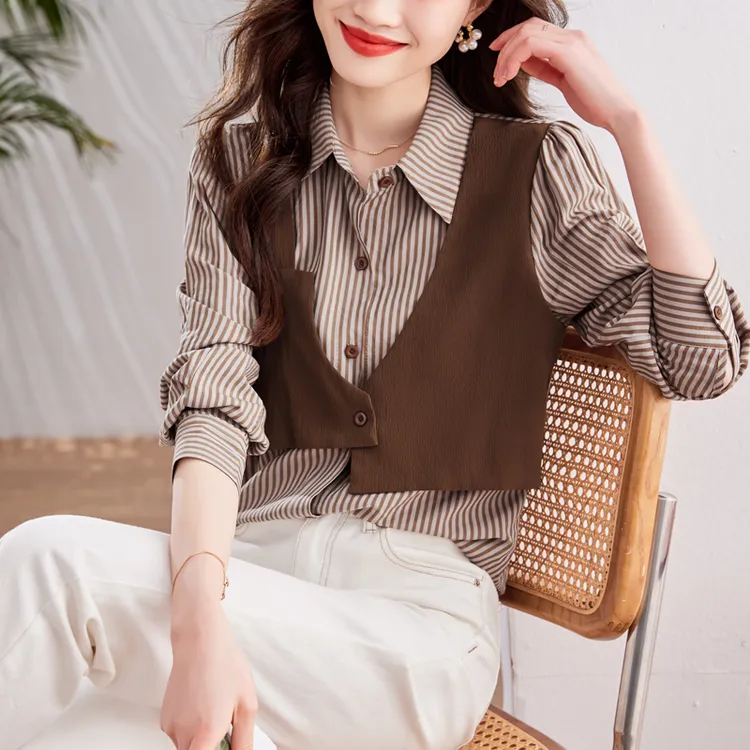 秋季假两件条纹衬衫女春秋装2025新款气质上衣设计感时尚女士衬衣