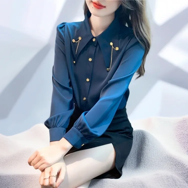 法式高级感尖领衬衫女2024春装新款洋气雪纺衬衣时尚链条拼接上衣