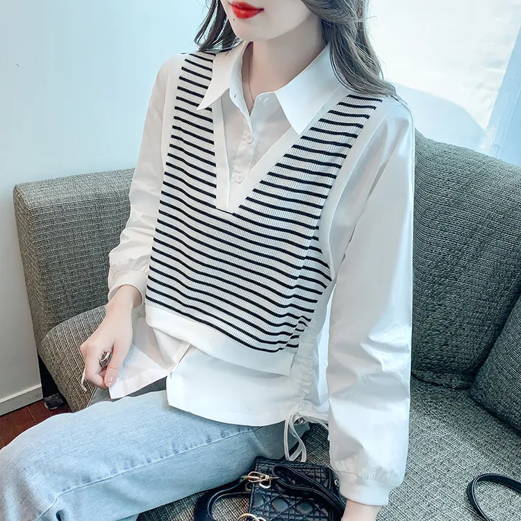 假两件针织拼接条纹衬衫女春秋法式新款设计感小众下摆抽绳上衣潮