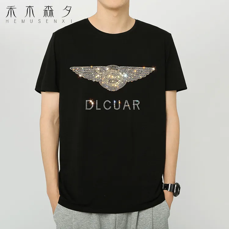 2025年夏季新款烫钻T恤短袖男情侣半袖打底衫精神小伙修身体恤潮