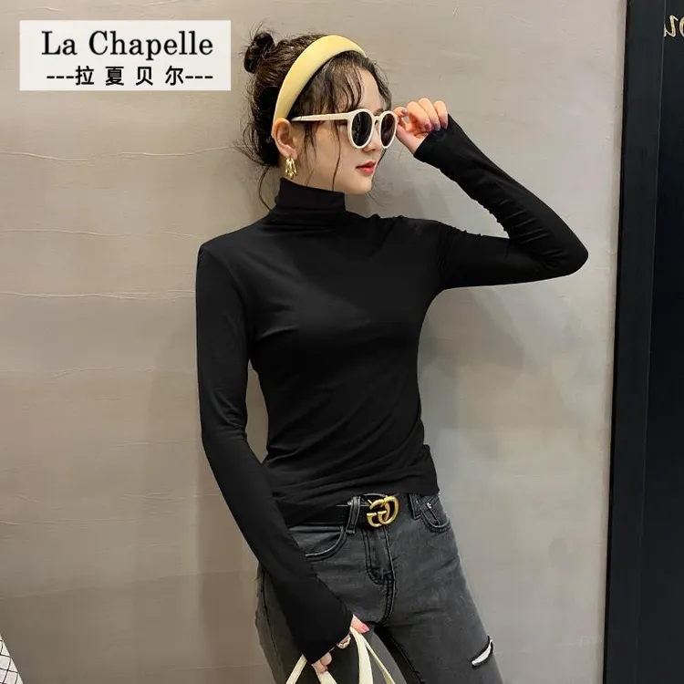 拉夏贝尔JS黑色莫代尔高领纯色打底衫白色内搭高档打底衫女内搭