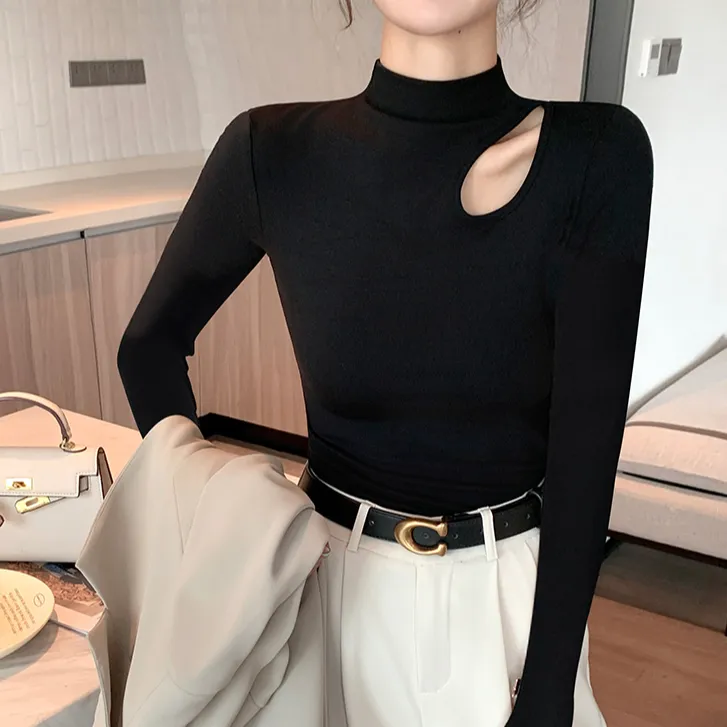 拉夏贝尔黑色镂空半高领打底衫女春秋内搭长袖款T恤气质百搭ins