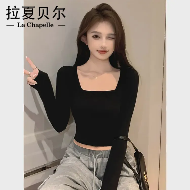 拉夏贝尔 网红棉质黑色方领打底衫女内搭短款长袖t恤春秋低u领紧