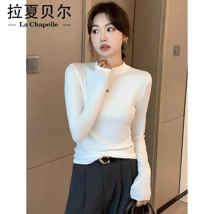 拉夏贝尔JS百搭白色打底衫女内搭2025新款春秋半高领长袖时尚洋气