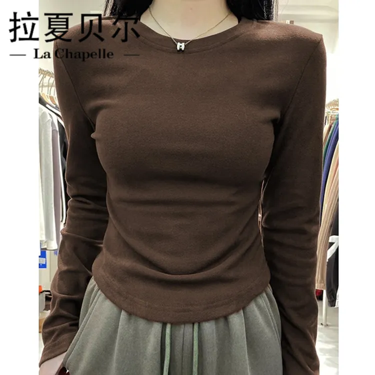 拉夏贝尔JS黑色圆领德绒修身打底衫女士上衣时尚内搭冬季弧形下摆