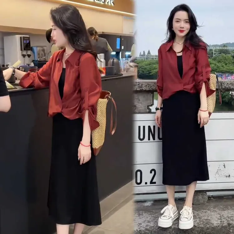 一整套入秋穿搭女装2025新款时尚设计感长袖衬衫吊带连衣裙两件套
