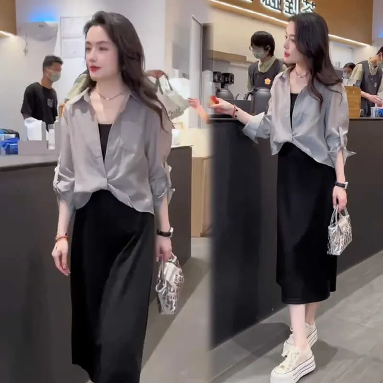 一整套入秋穿搭女装2025新款时尚设计感长袖衬衫吊带连衣裙两件套