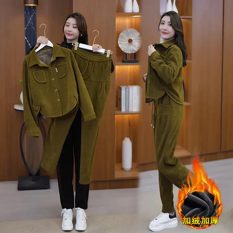 秋冬套装女2025新款加绒加厚时尚搭配一整套雪尼尔外套裤子两件套