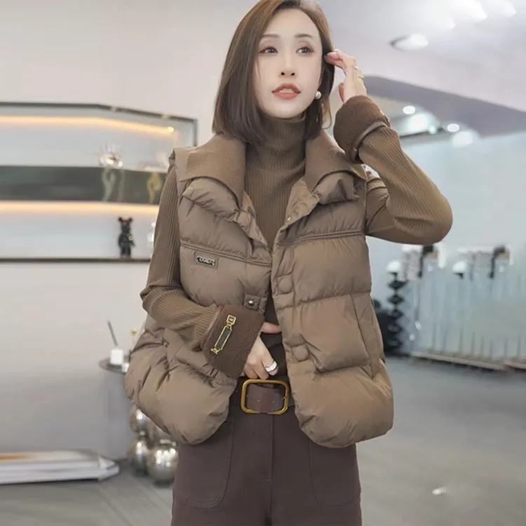 美拉德风棉服马甲女秋冬新款保暖翻领外套无袖坎肩开衫马夹上衣