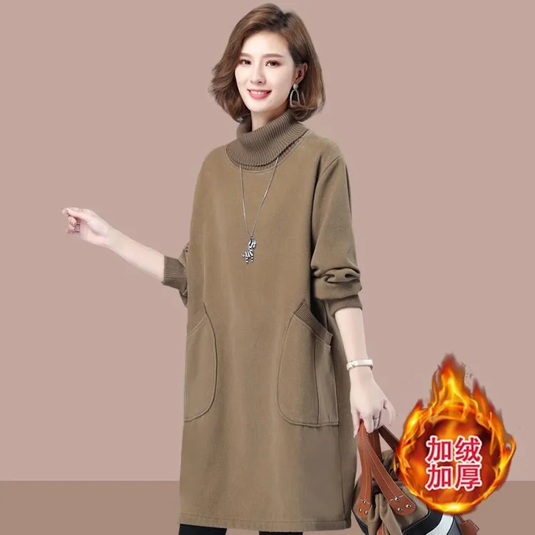 高领连衣裙子2025新款秋冬季中长款加绒女妈妈装加厚保暖打底卫衣