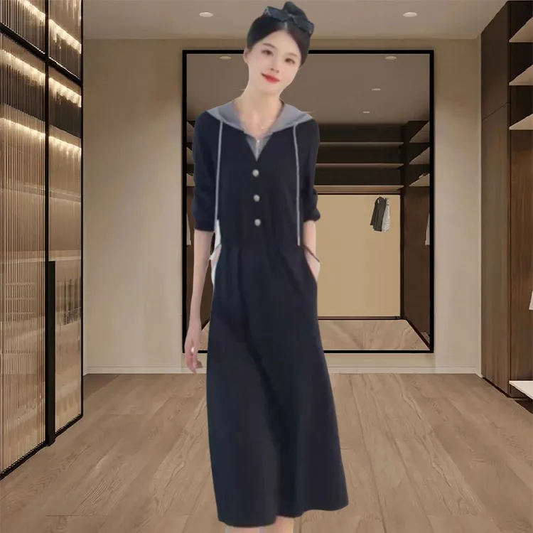 2025春秋季新款女士休闲显瘦假两件连帽卫衣裙时尚气质收腰连衣裙