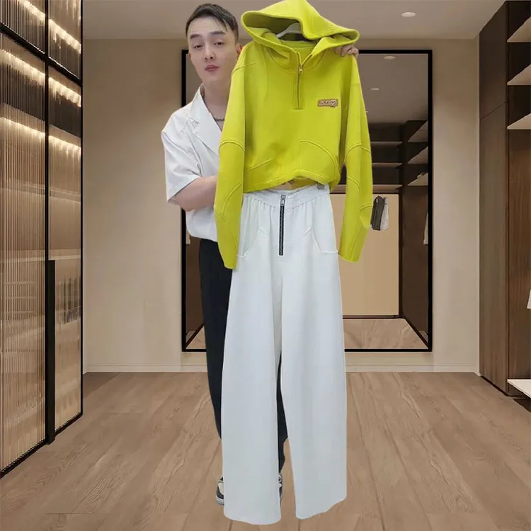 2025春秋季新款女士高级感穿搭套装时尚半拉链连帽卫衣休闲阔腿裤