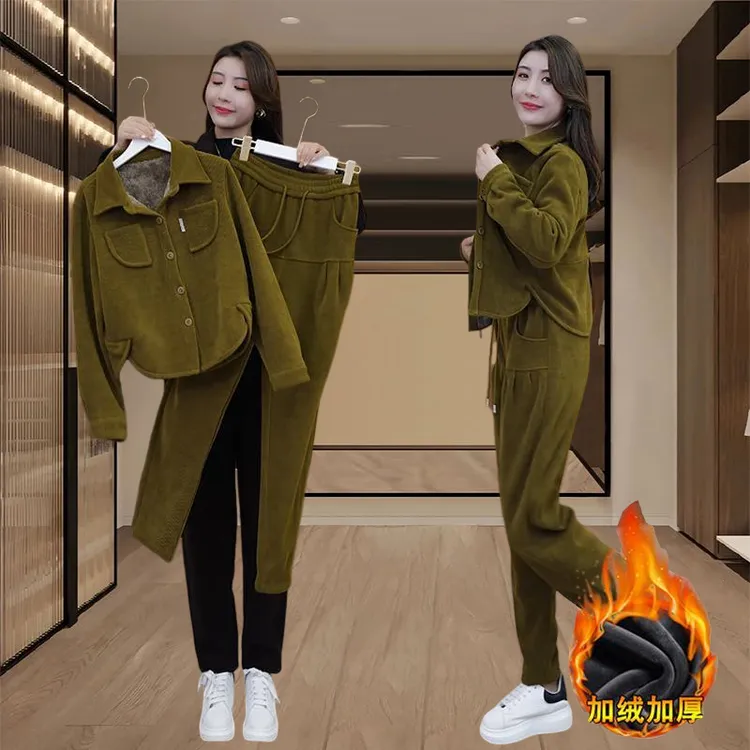 加绒加厚休闲阔腿裤套装女2025秋冬季新款时尚洋气显瘦百搭两件套
