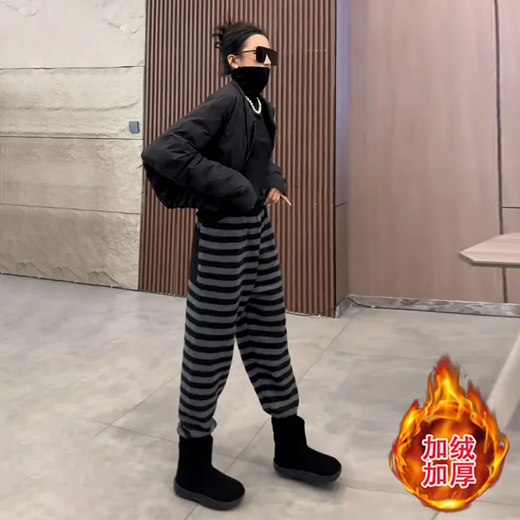 欧货运动高腰卫裤条纹束腿小脚裤子女装2025新款秋冬季加绒休闲裤