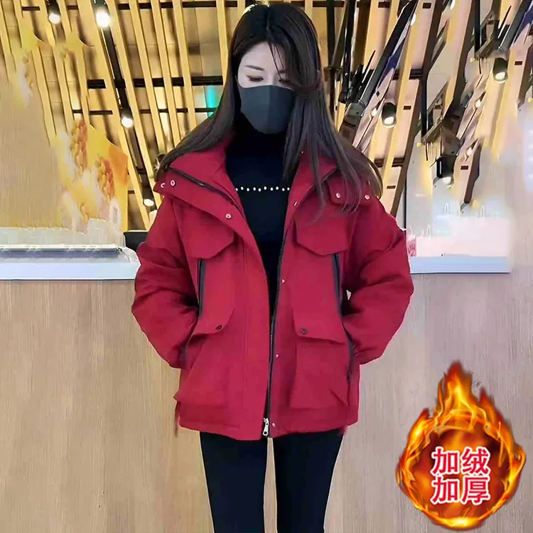 2025秋冬新款女士韩版加绒连帽冲锋衣宽松工装棉服加厚短外套棉袄