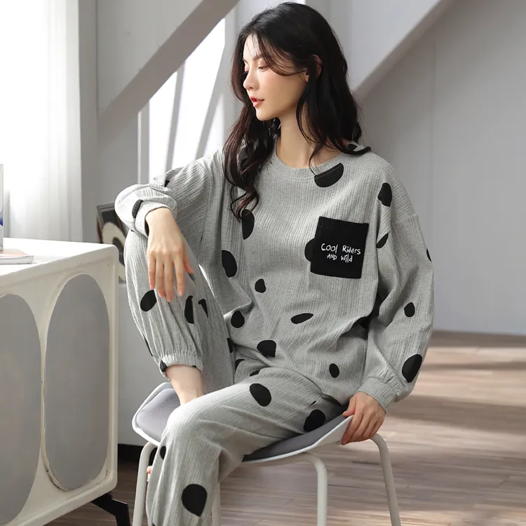 100%双面纯棉睡衣女春秋款大码4XL灰色长袖甜美长裤冬家居服套装