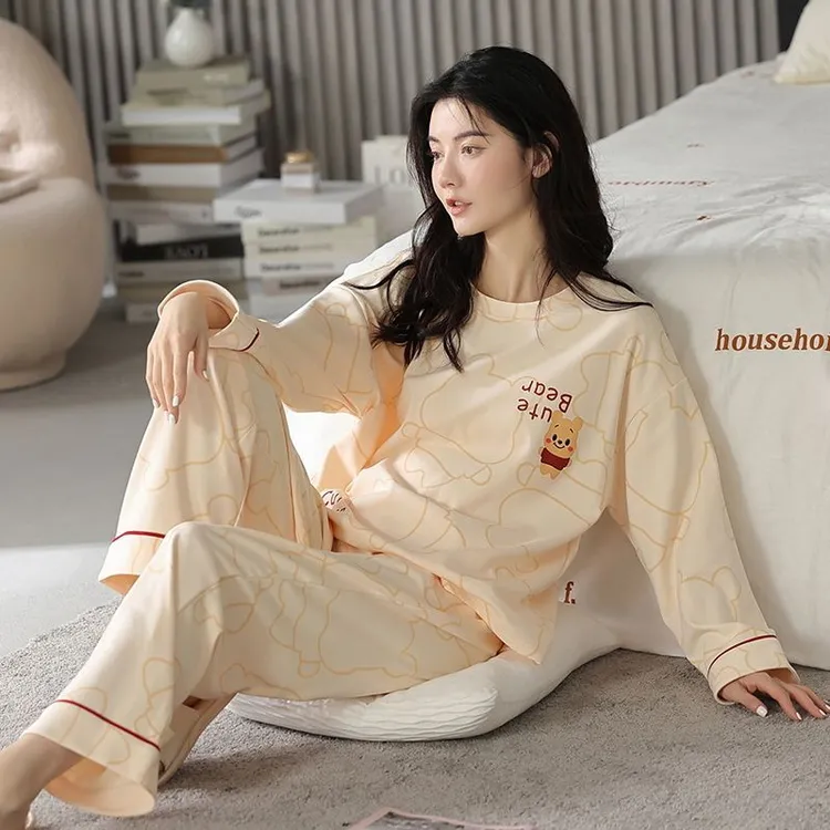 睡衣女士春秋季100%纯棉长袖新款宽松可外穿卡通韩版家居服套装冬