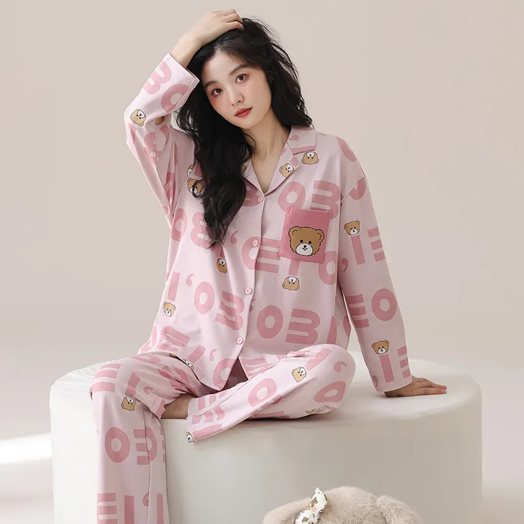  睡衣女春秋100%纯棉开衫翻领长袖学生宿舍甜美长裤冬家居服套装