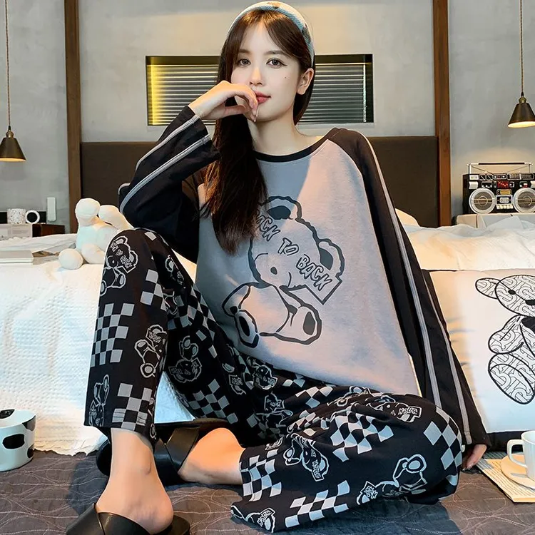 紧赛100%纯棉睡衣女春秋长袖潮牌时尚卡通休闲可外穿冬家居服套装