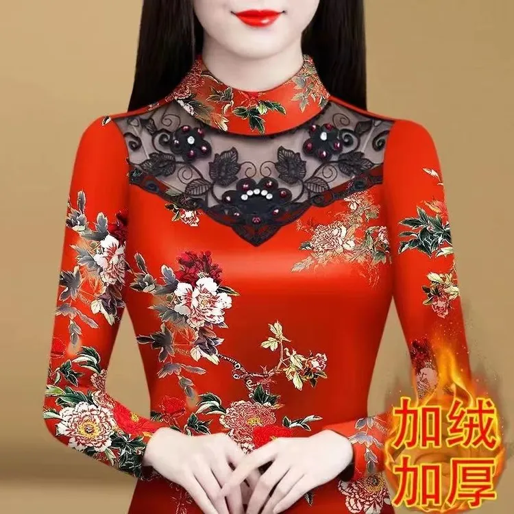 2023秋冬新款一体绒德绒大码中年妈妈装蕾丝加绒打底衫女钉珠t恤