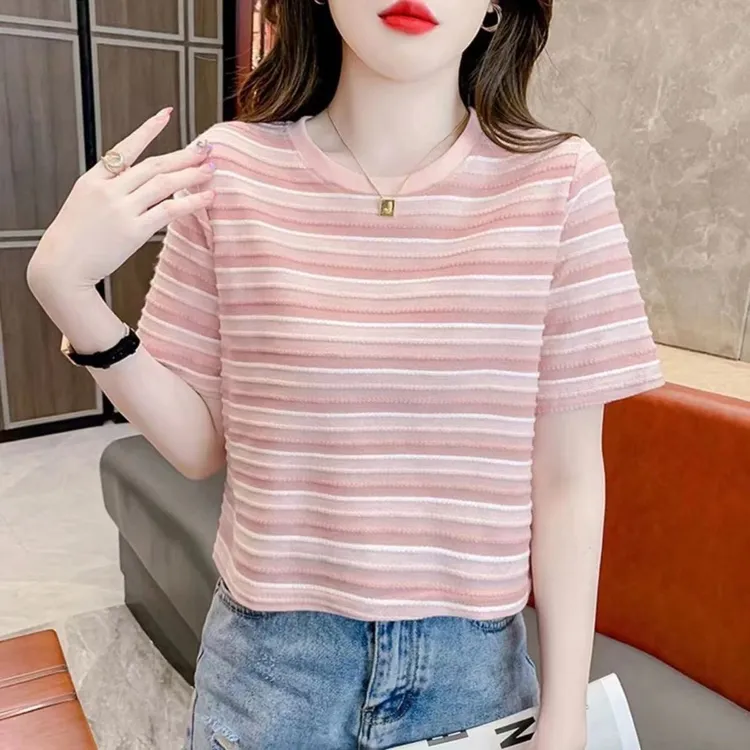 棉麻提花条纹正肩短袖t恤女2025新款夏季时尚洋气设计条纹短袖女