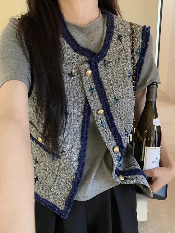 韩系设计感小香风高品质撞色毛边马甲女士春夏季休闲百搭显瘦上衣