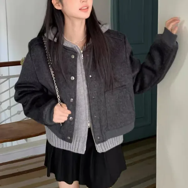 灰色短款棒球服毛呢外套女2024秋季新款休闲宽松小个子百搭上衣潮