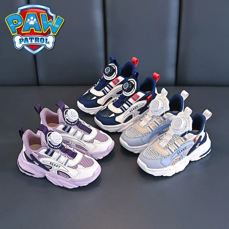 汪汪队男童鞋子2025新款春夏季女大童纽扣镂空运动鞋儿童透气网鞋
