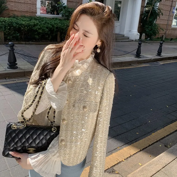 小香风粗花呢外套显瘦气质蕾丝拼接重工外套女2023春季百搭上衣
