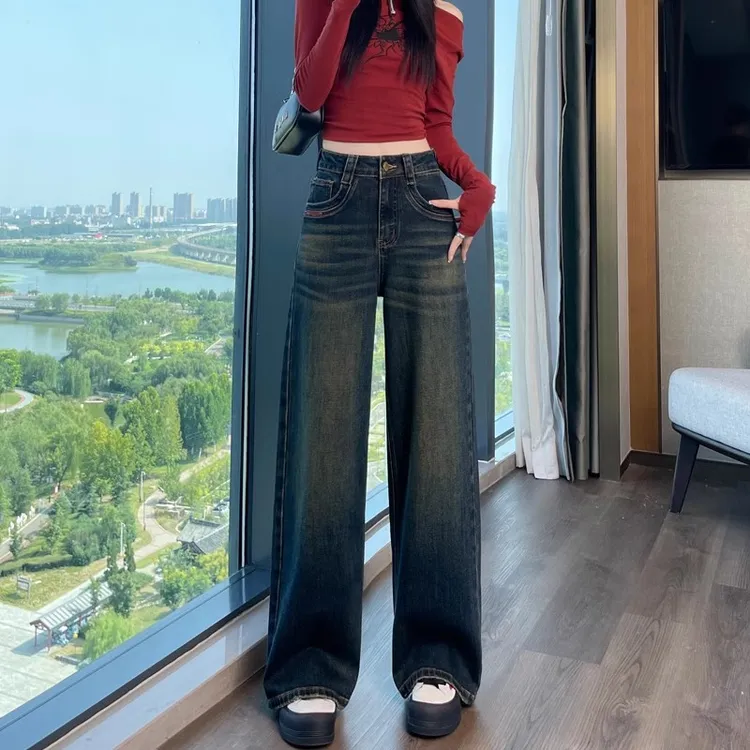 阔腿牛仔裤女子2025新款今年流行秋季高腰弹力垂感宽松直筒阔腿裤