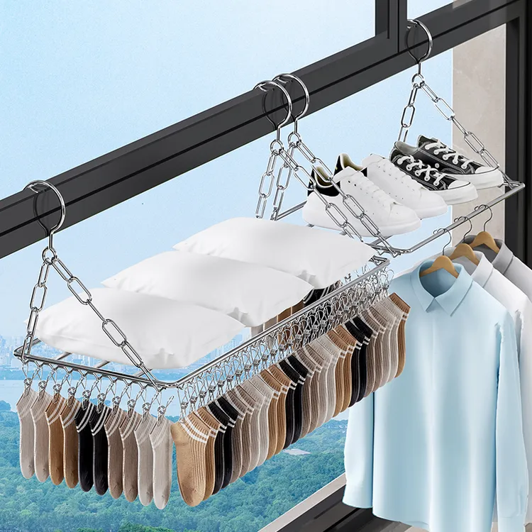 优勤不锈钢晾衣架多夹子袜子架阳台护栏晾衣神器防盗窗外晾晒鞋架