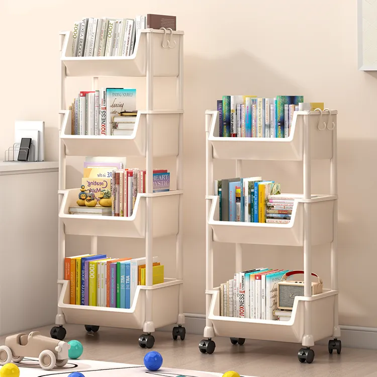 可移动书架置物架书包儿童玩具收纳多层家用推车带轮落地简易书柜
