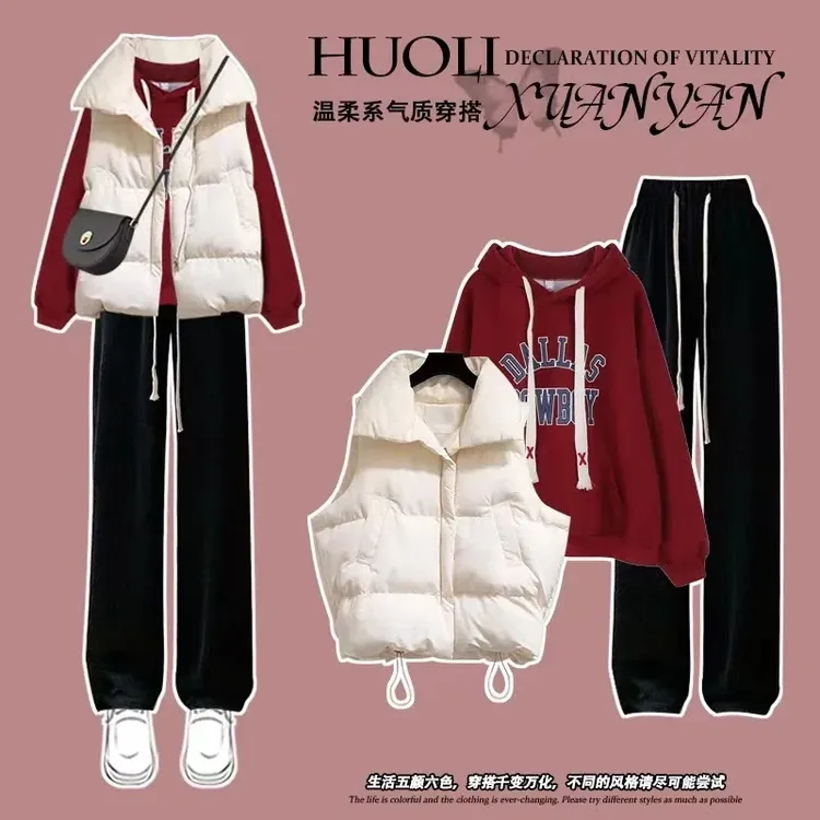2022冬季套装女学生韩系学院风马甲棉服+加绒卫衣+牛仔裤三件套潮