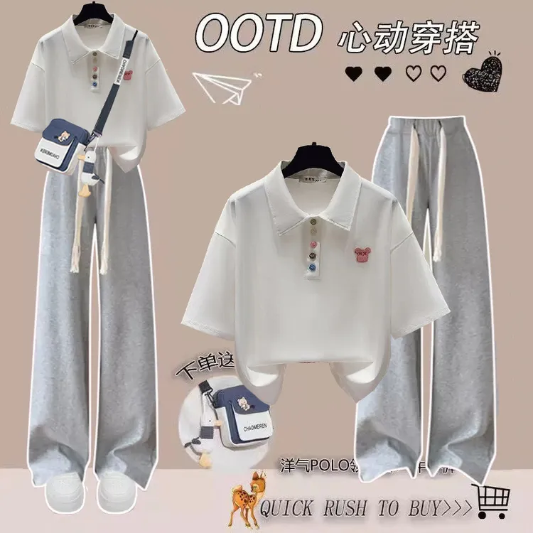 送包2024夏季小清新套装女学生学院风Polo领短袖T恤+休闲裤两件套