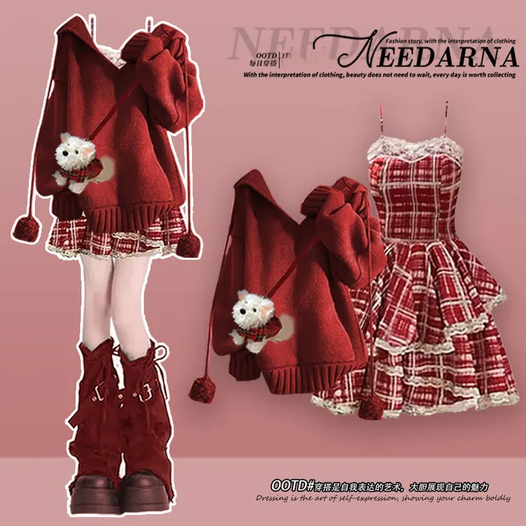 圣诞节服装名媛红色连衣裙子一整套入冬穿搭千金风miu系止步短裙