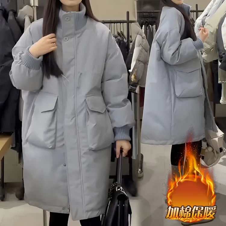 时尚立领防风中长款棉服女冬季2024新款加厚保暖宽松大码棉衣外套