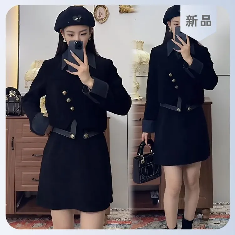 赫本风显瘦两件套2025春秋新款气质设计感假两件上衣半身裙套装女