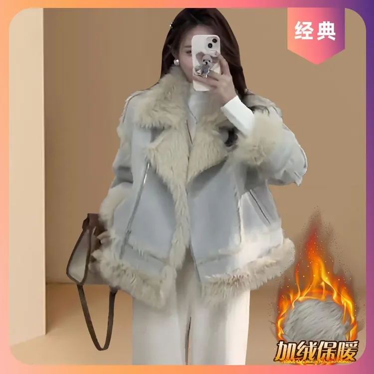 秋冬季短款翻领保暖毛毛外套女2024新款宽松加绒加厚皮毛一体上衣