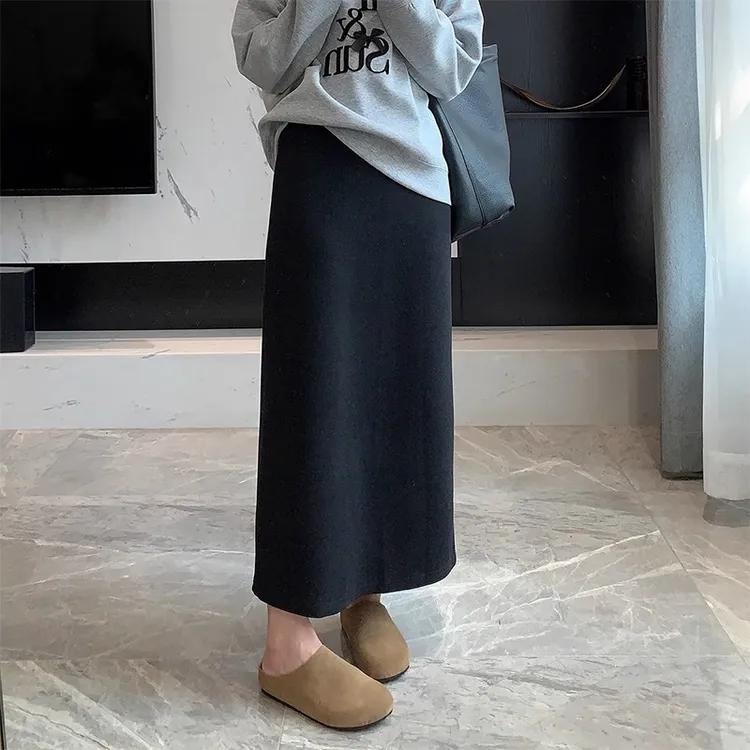 黑色半身裙秋季爆款纸片裙子毛呢垂感裙子慵懒气质女休闲高腰松紧