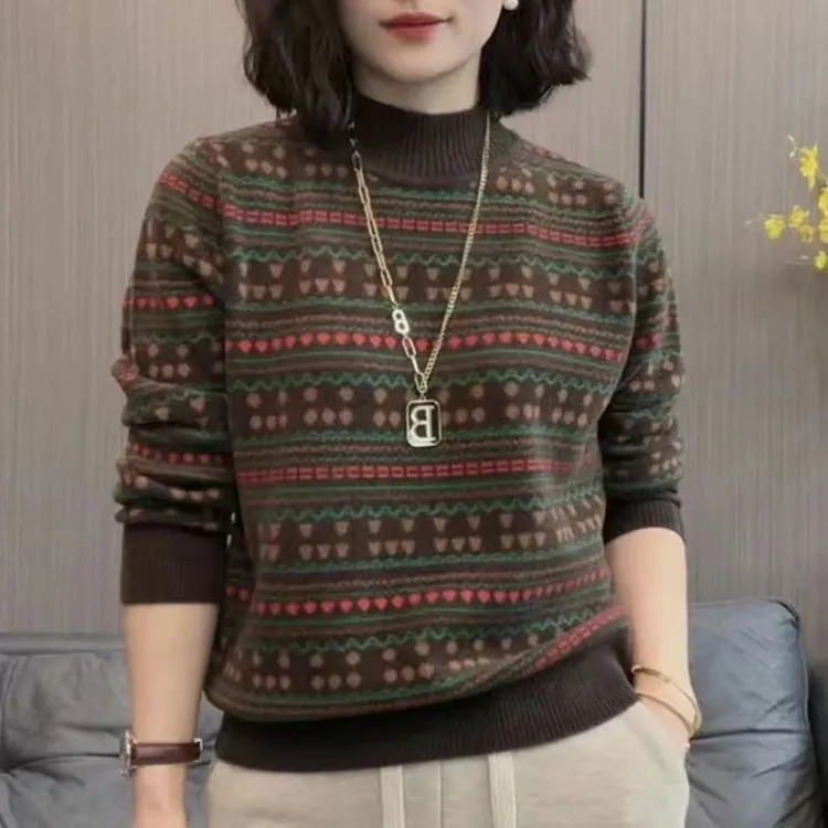 毛衣女春秋半高领时尚条纹针织衫中年妈妈装新款休闲打底衫小衫