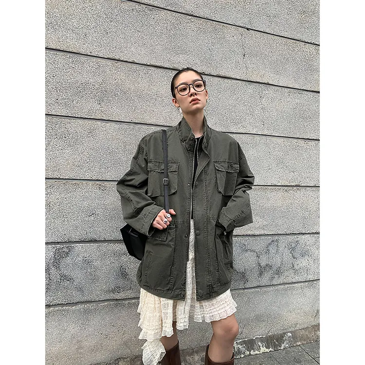 洛边 【势不可挡】纯棉重磅工装宽松潮外套秋季复古军绿夹克上衣