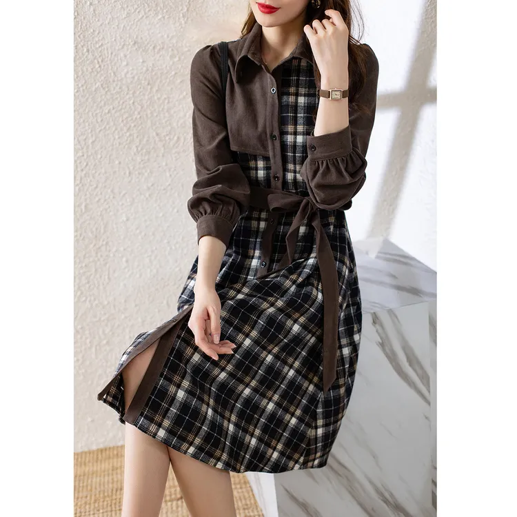 【3112】复古时尚简约撞色拼接磨毛格子中长款秋冬衬衫连衣裙女