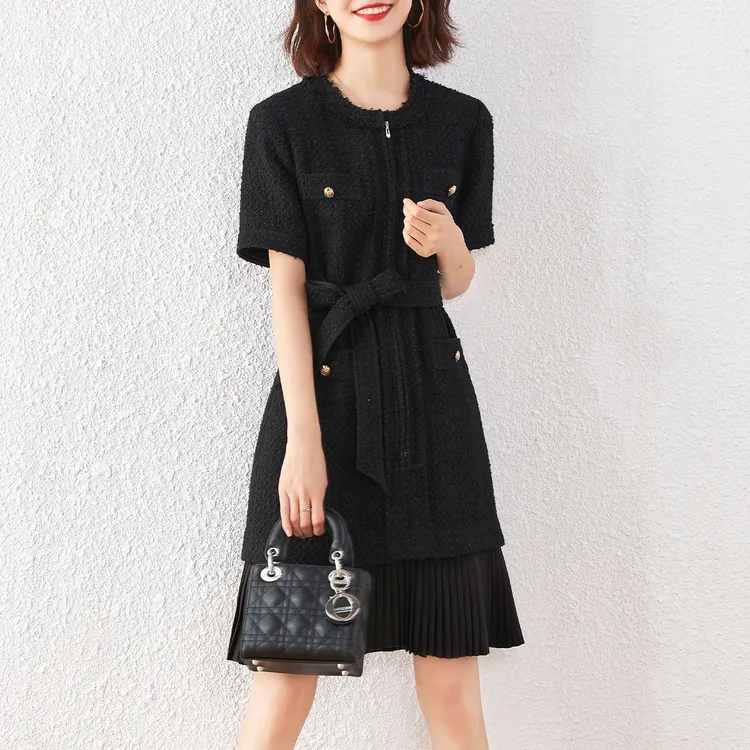 【1508】秋冬女装时尚圆领拼接系带气质收腰通勤小香风短袖连衣裙