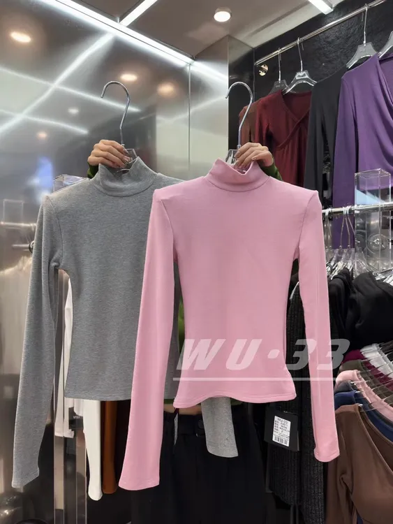 WU-23611冬季韩版加绒纯色高领垫肩基础内搭显瘦上衣打底衫T恤女