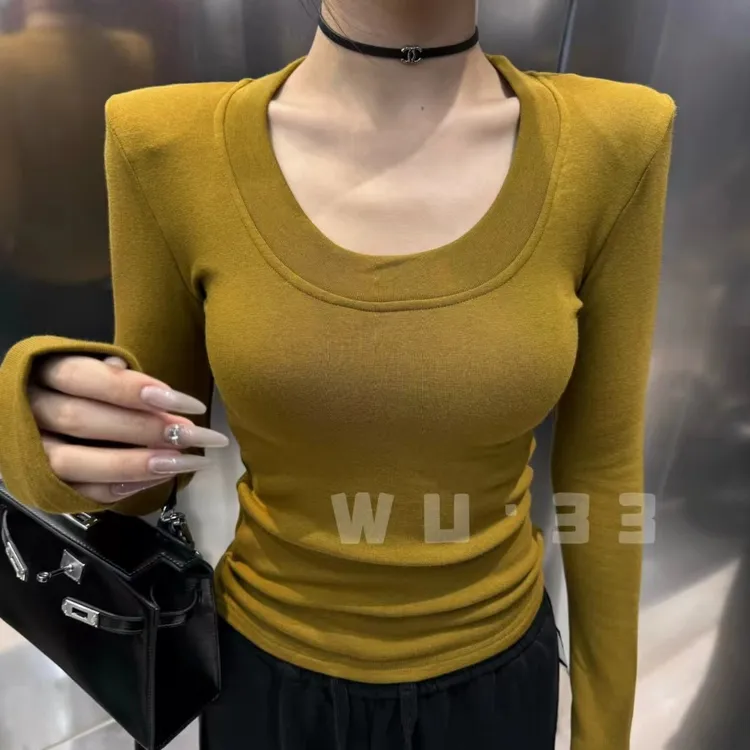 纯欲性感u领打底衫女2025秋冬新款加绒辣妹修身内搭长袖t恤上衣