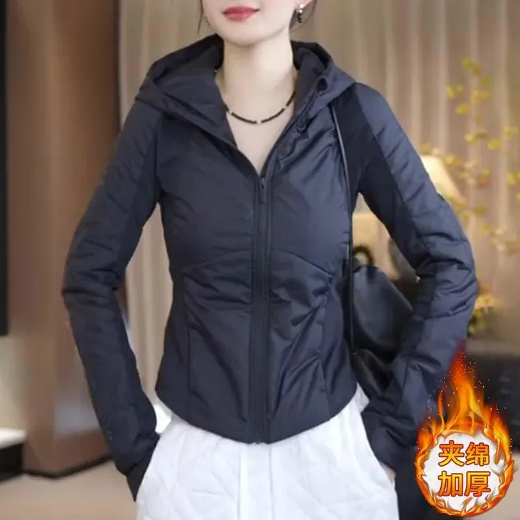 2025夹棉连帽短外套女新款修身气质小个子洋气轻薄夹克小棉袄