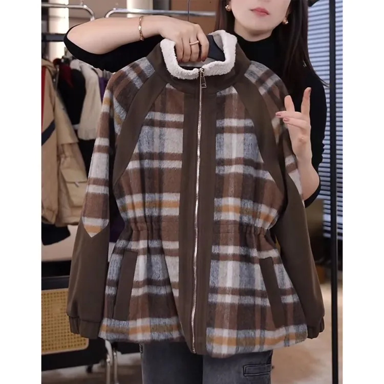 2025新款加厚保暖格纹设计感立领外套女宽松显瘦百搭夹克棉服